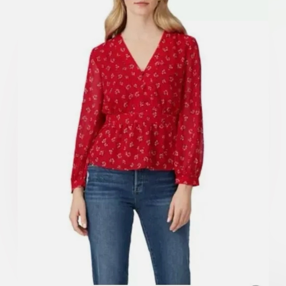MADEWELL Womens V-Neck Long Sleeve Size S Floral red Peplum Top in Littl…